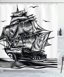 Nautical Line Art Print Fabric Shower Curtain with Pirate Ship and Anchor