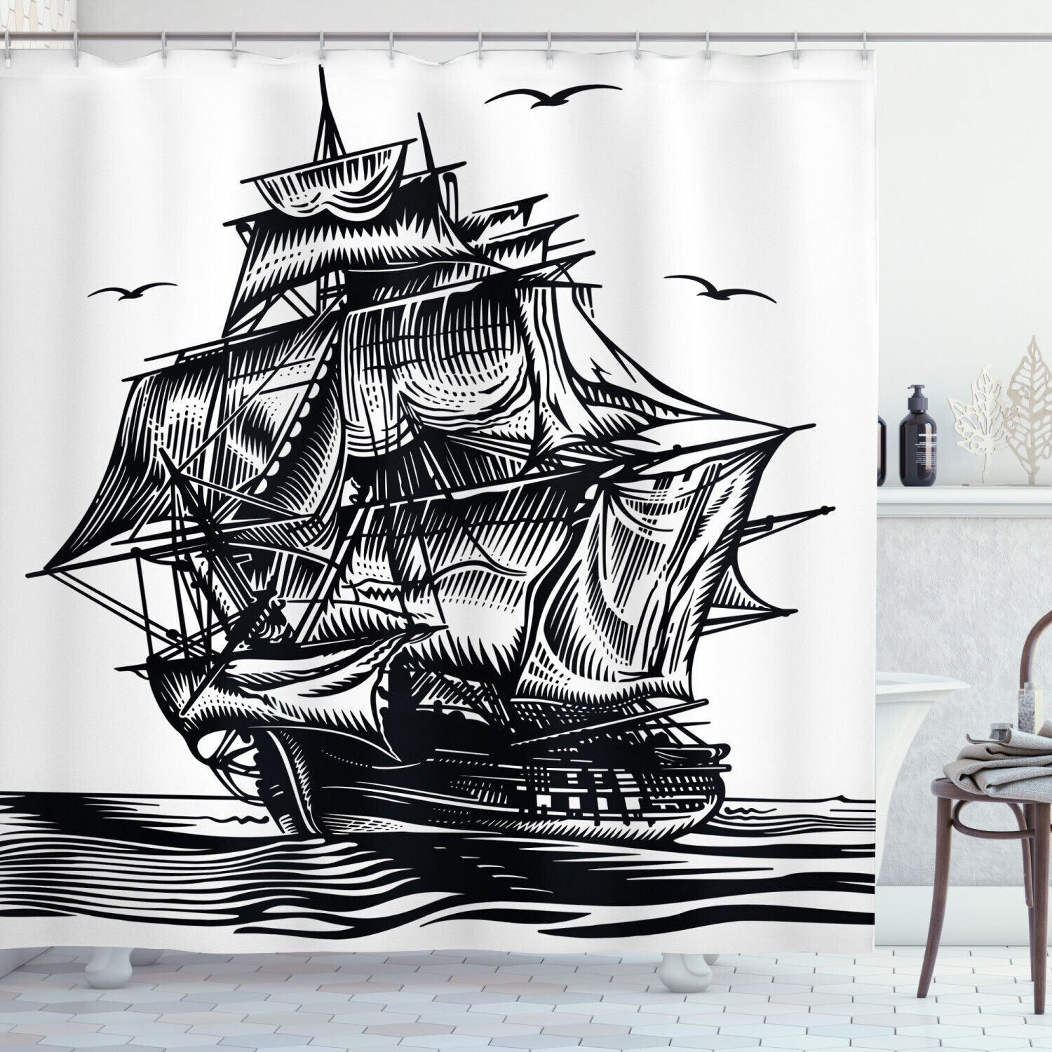 Nautical Line Art Print Fabric Shower Curtain with Pirate Ship and Anchor