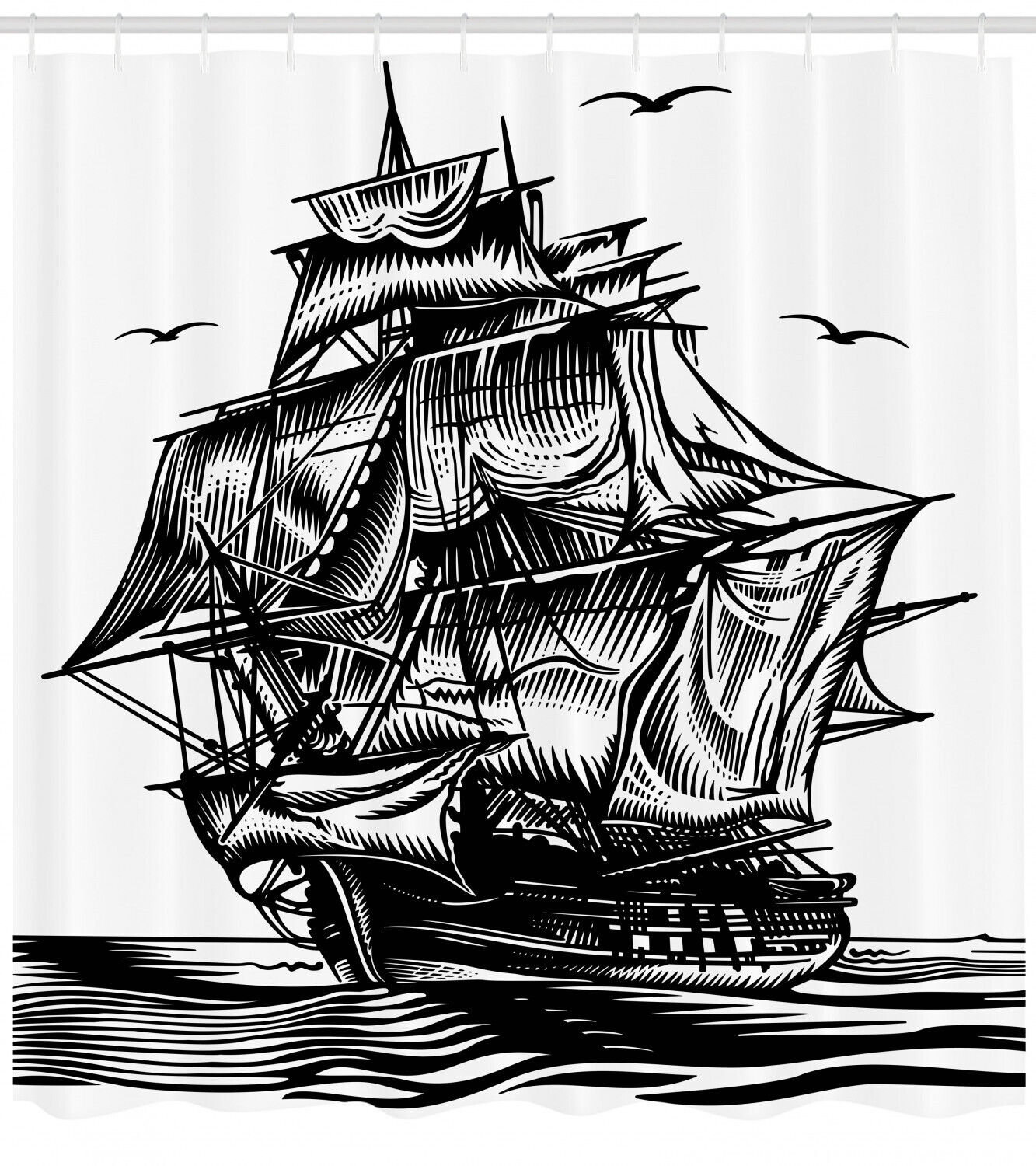 Nautical Line Art Print Fabric Shower Curtain with Pirate Ship and Anchor