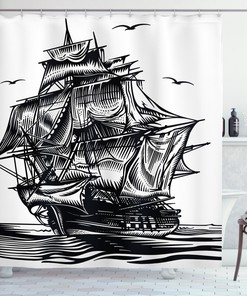 Nautical Line Art Print Fabric Shower Curtain with Pirate Ship and Anchor