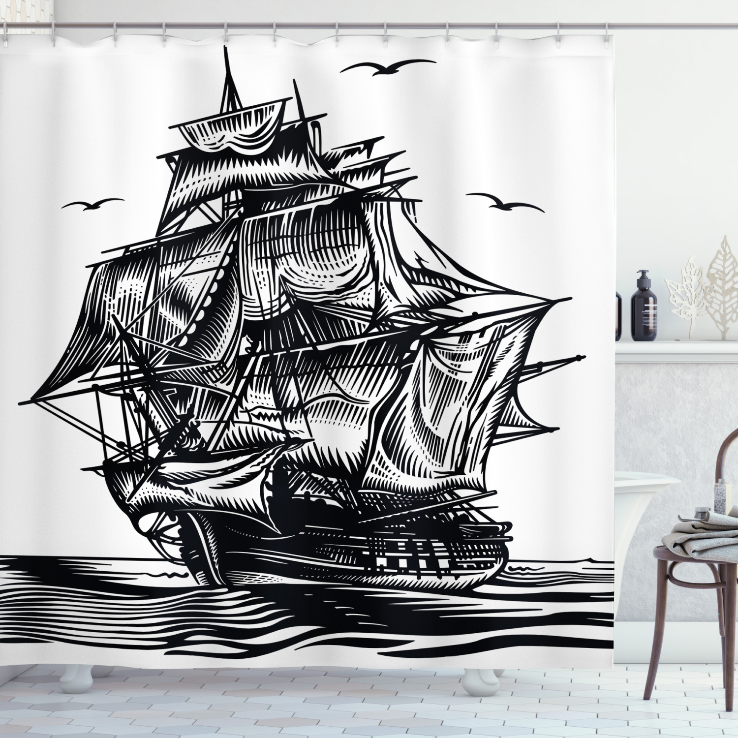 Nautical Line Art Print Fabric Shower Curtain with Pirate Ship and Anchor