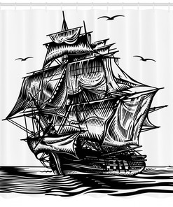 Nautical Line Art Print Fabric Shower Curtain with Pirate Ship and Anchor