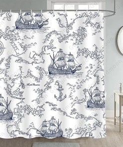 Nautical Map Shower Curtain, Sailboat World Map Compass Anchor Bathroom Decor