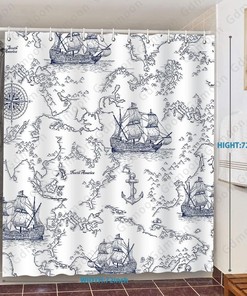 Nautical Map Shower Curtain, Sailboat World Map Compass Anchor Bathroom Decor