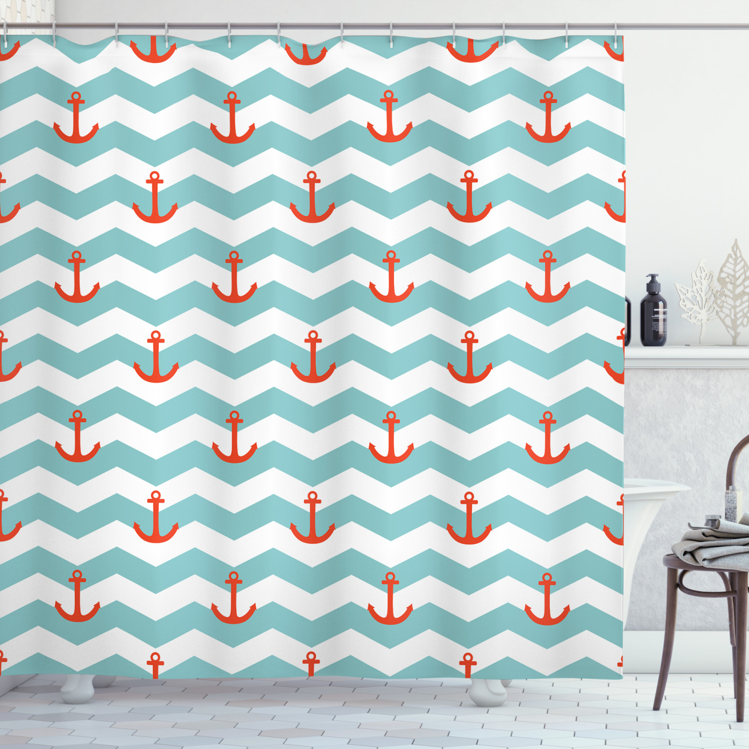 Nautical Marine Shower Curtain Pattern Anchor Stripe Print for Bathroom