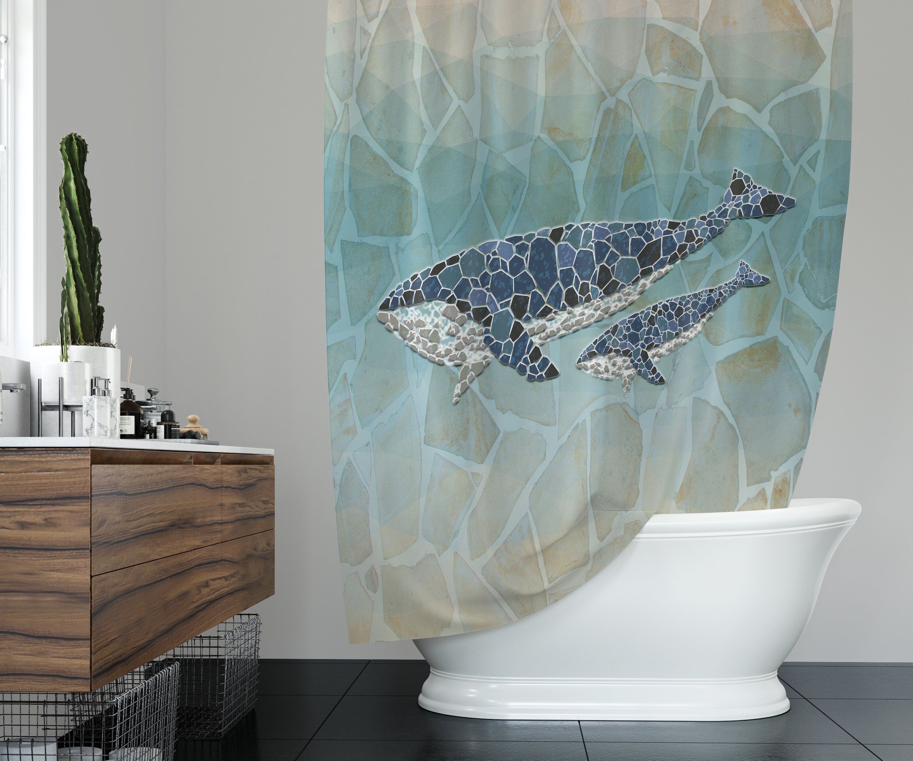 Nautical Mosaic Whale Stone Print Shower Curtain for Bathroom