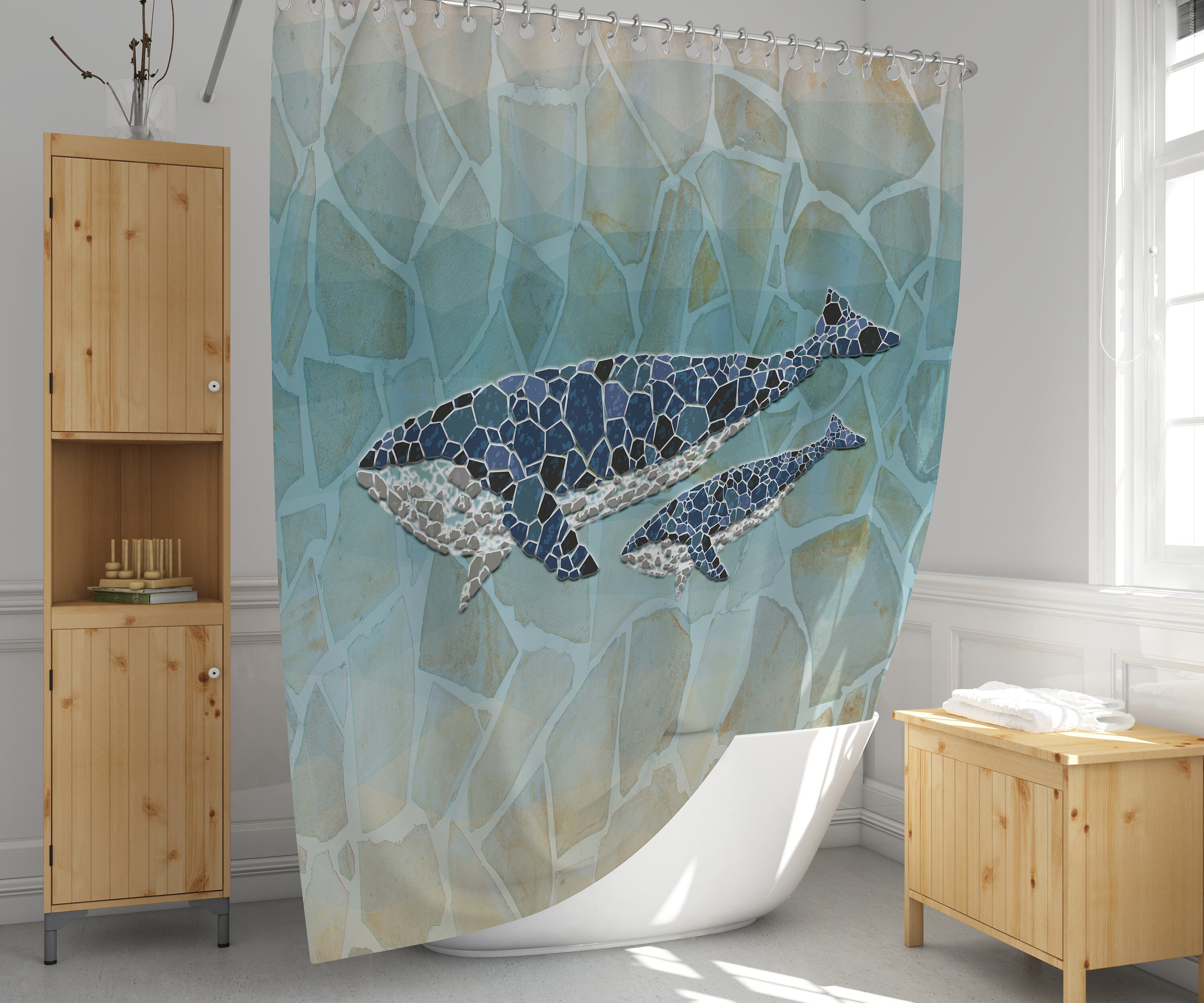 Nautical Mosaic Whale Stone Print Shower Curtain for Bathroom