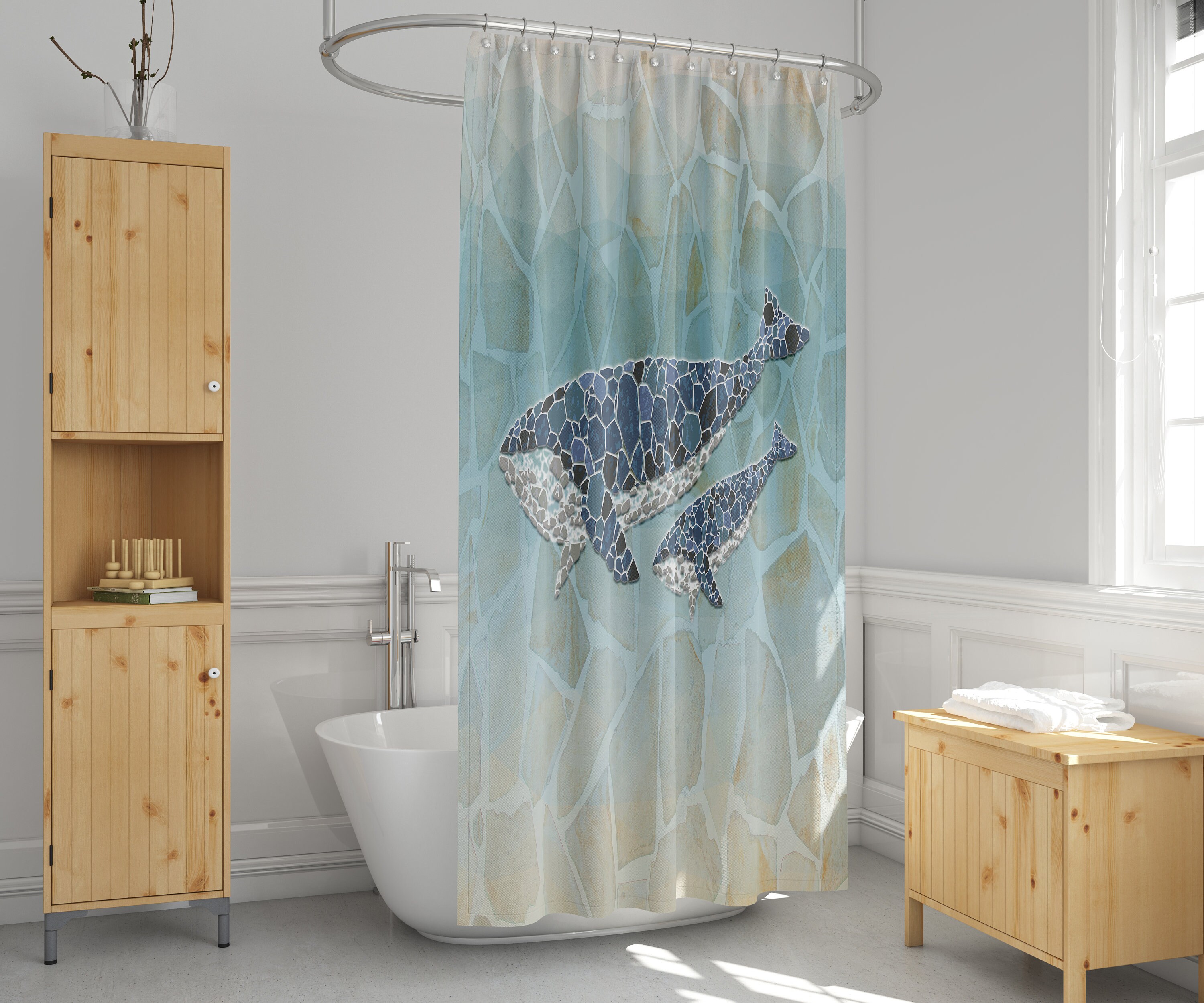 Nautical Mosaic Whale Stone Print Shower Curtain for Bathroom