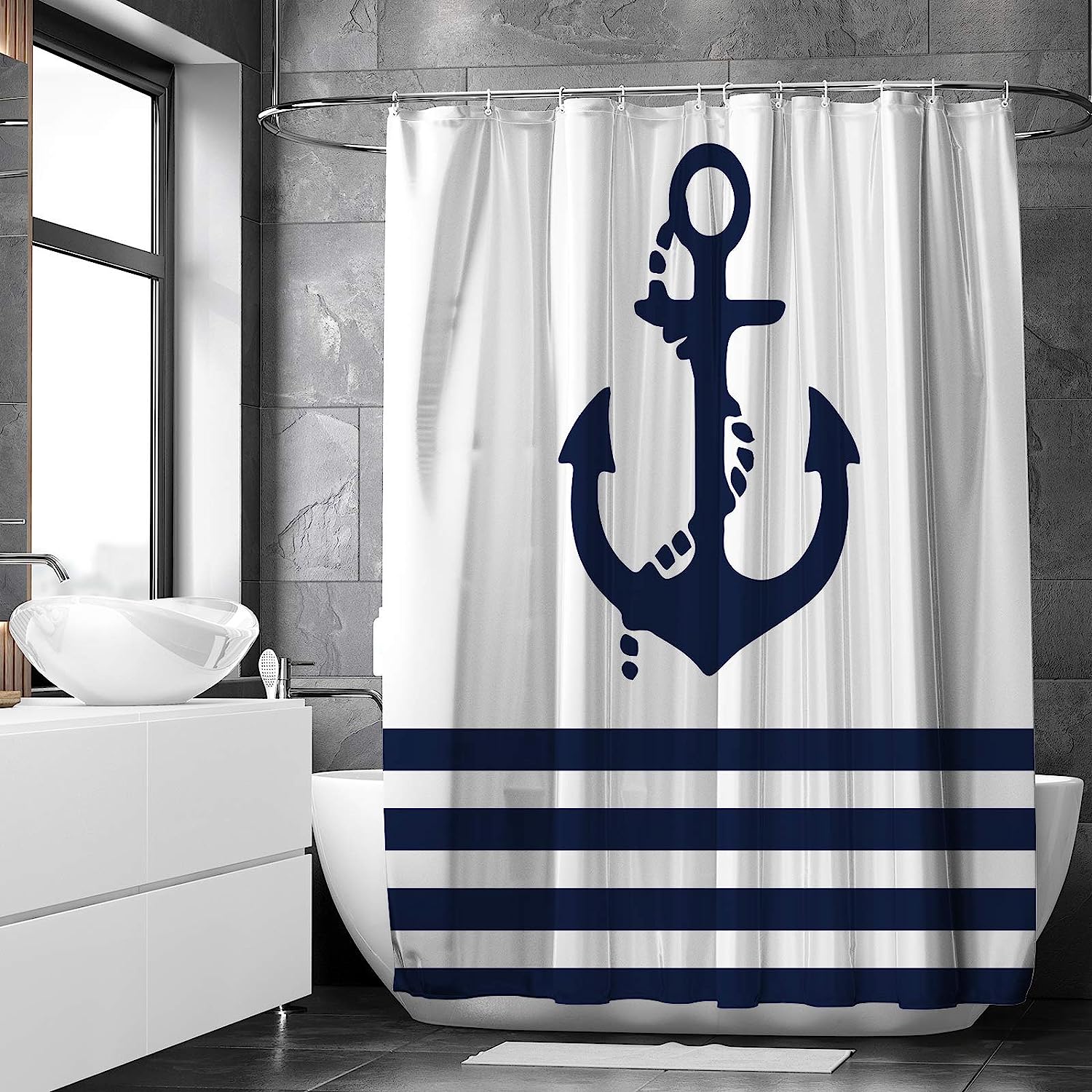 Nautical Navy Anchor Modern Bathroom Shower Curtain By Allenjoy - Boys And Full Size - Image 2