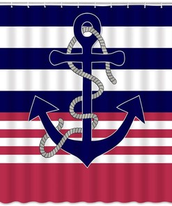 Nautical Navy Anchor Stripe Shower Curtain for Seaside Bathroom