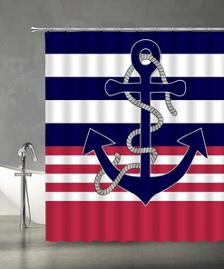 Nautical Navy Anchor Stripe Shower Curtain for Seaside Bathroom