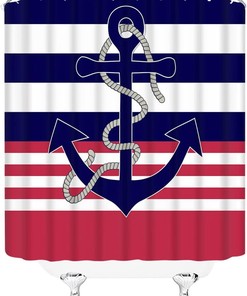Nautical Navy Anchor Stripe Shower Curtain for Seaside Bathroom