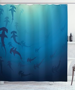 Nautical Navy Blue Hammerhead Shark Print Shower Curtain for Bathroom 