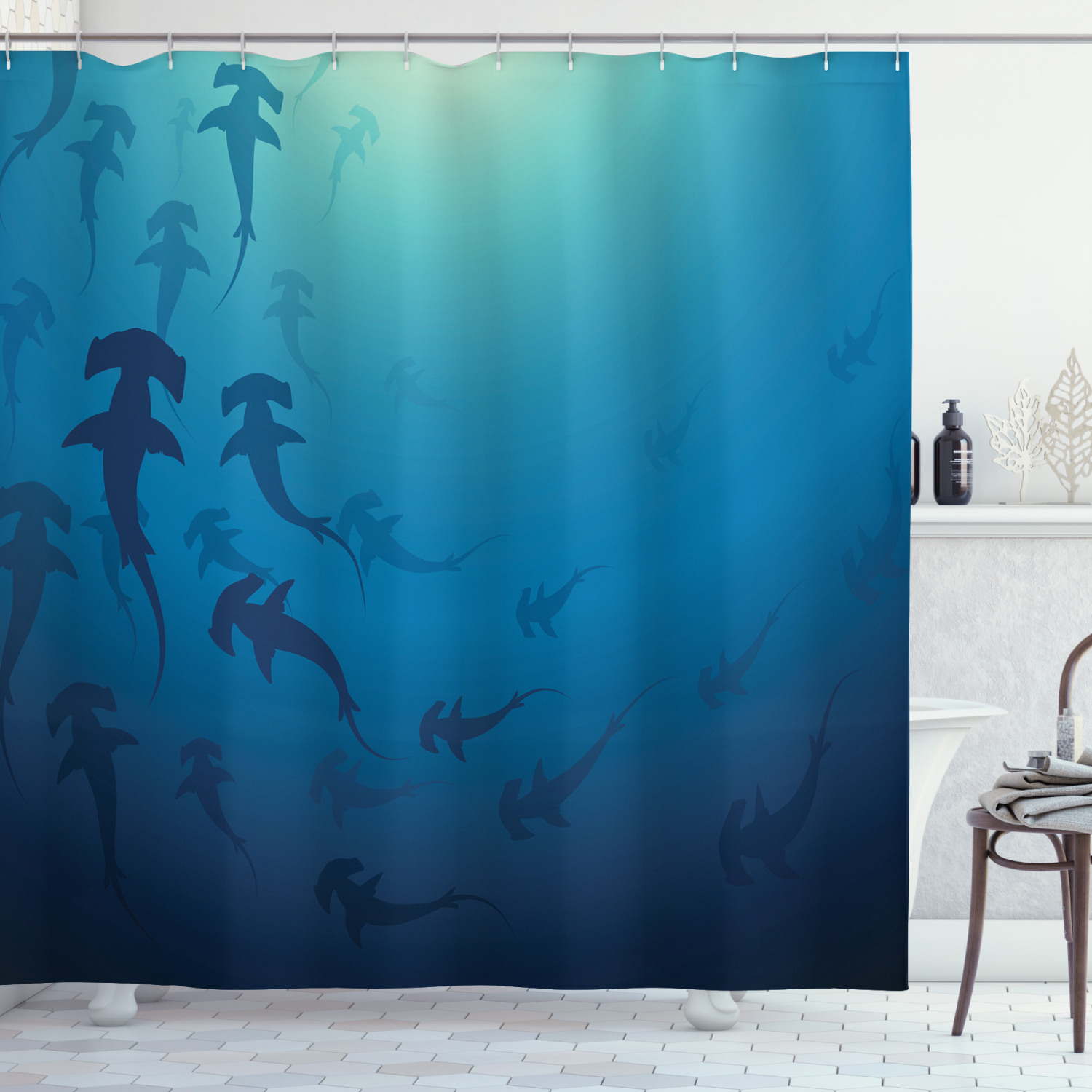 Nautical Navy Blue Hammerhead Shark Print Shower Curtain for Bathroom