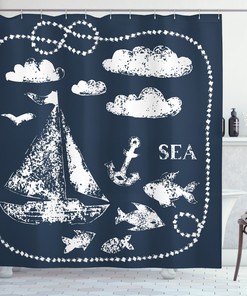 Nautical Navy Blue Wave Anchor Clouds Print Shower Curtain for Bathroom