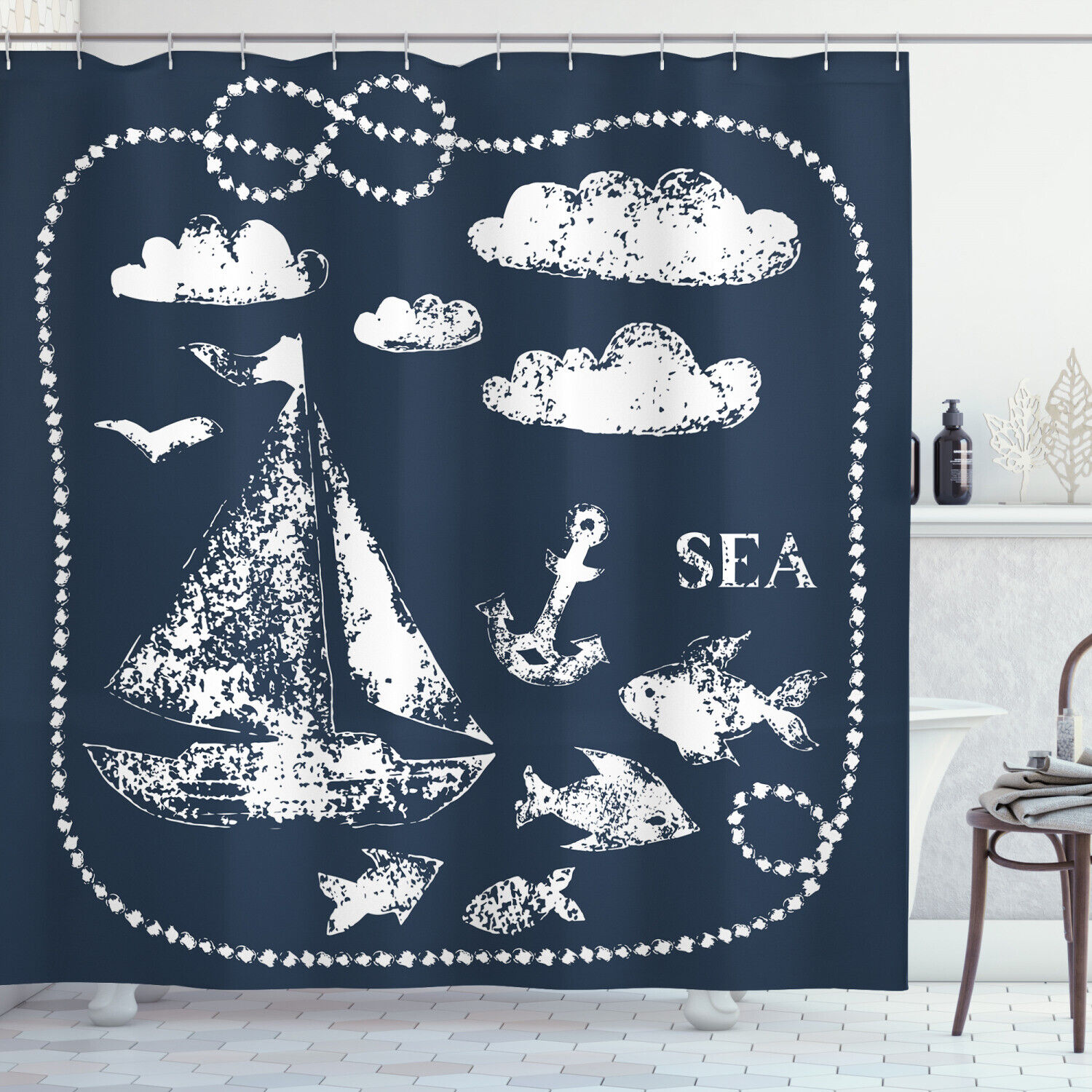 Nautical Navy Blue Wave Anchor Clouds Print Shower Curtain for Bathroom