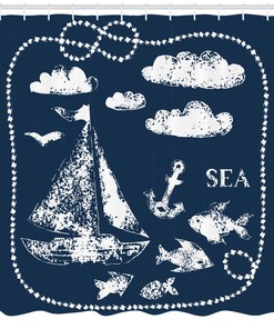 Nautical Navy Blue Wave Anchor Clouds Print Shower Curtain for Bathroom