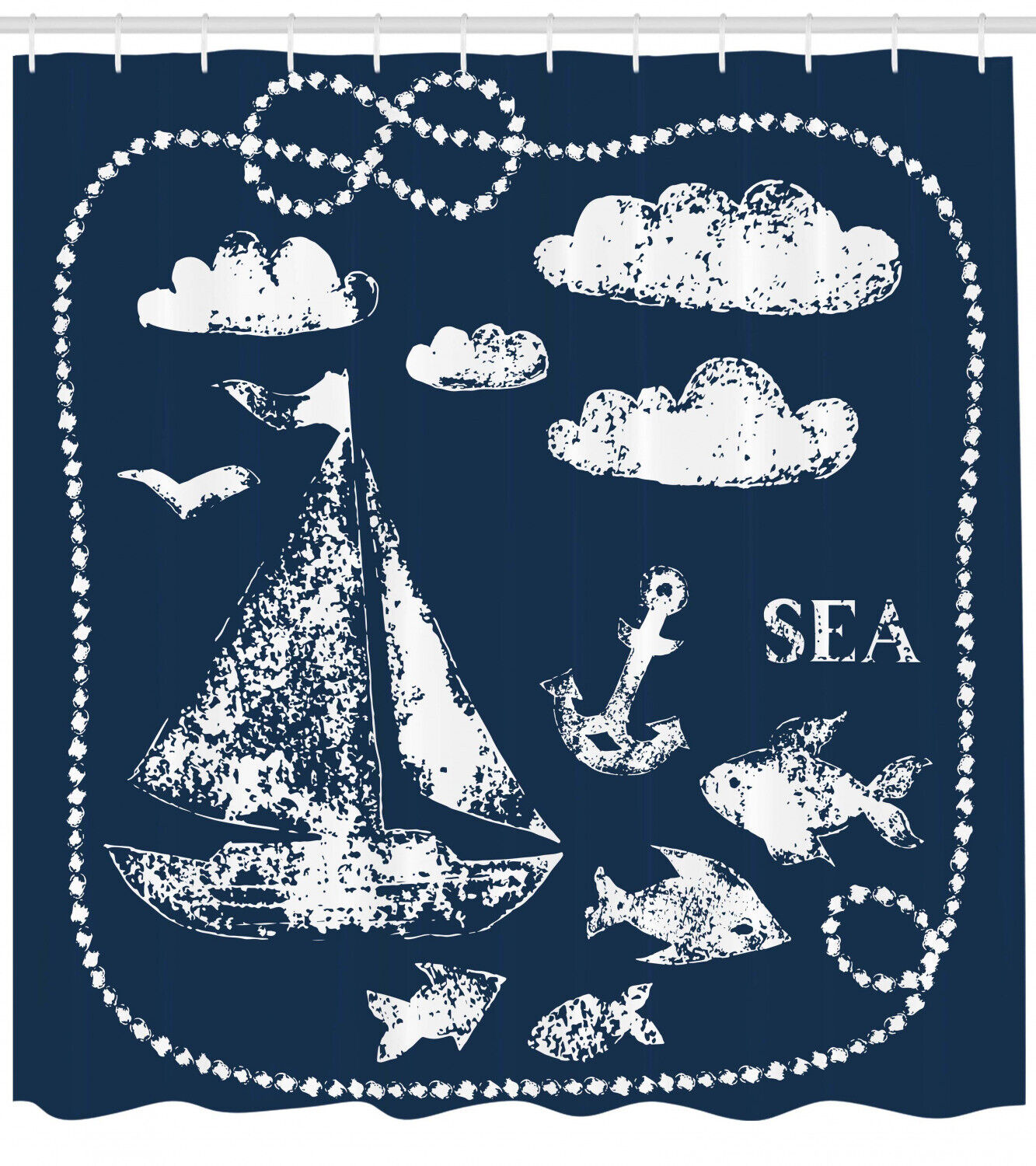 Nautical Navy Blue Wave Anchor Clouds Print Shower Curtain for Bathroom