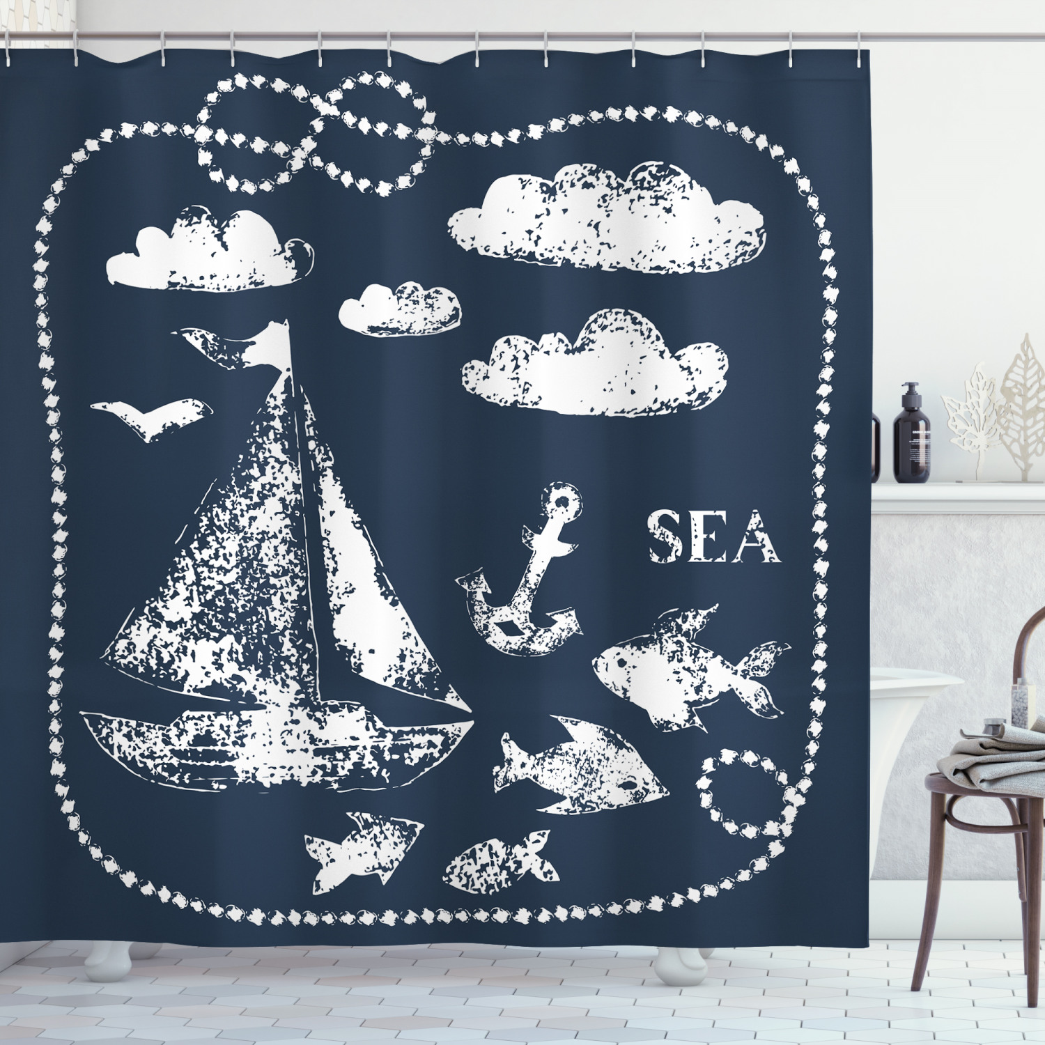 Nautical Navy Blue Wave Anchor Clouds Print Shower Curtain for Bathroom