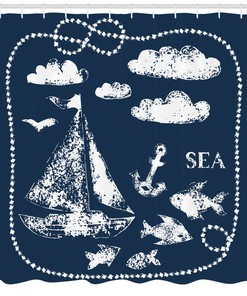 Nautical Navy Blue Wave Anchor Clouds Print Shower Curtain for Bathroom
