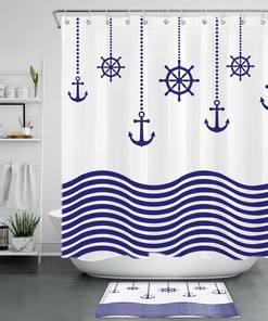 Nautical Navy Blue White Stripe Wave Anchor Ship Rudder Shower Curtain for Bathroom Decor 