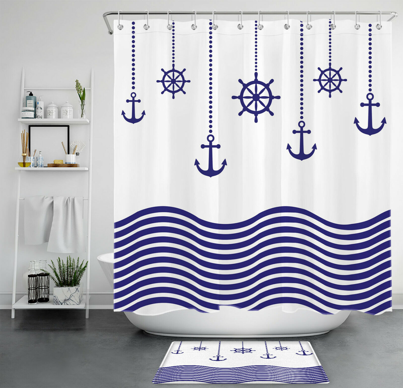 Nautical Navy Blue White Stripe Wave Anchor Ship Rudder Shower Curtain for Bathroom Decor
