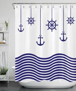 Nautical Navy Blue White Stripe Wave Anchor Ship Rudder Shower Curtain for Bathroom Decor