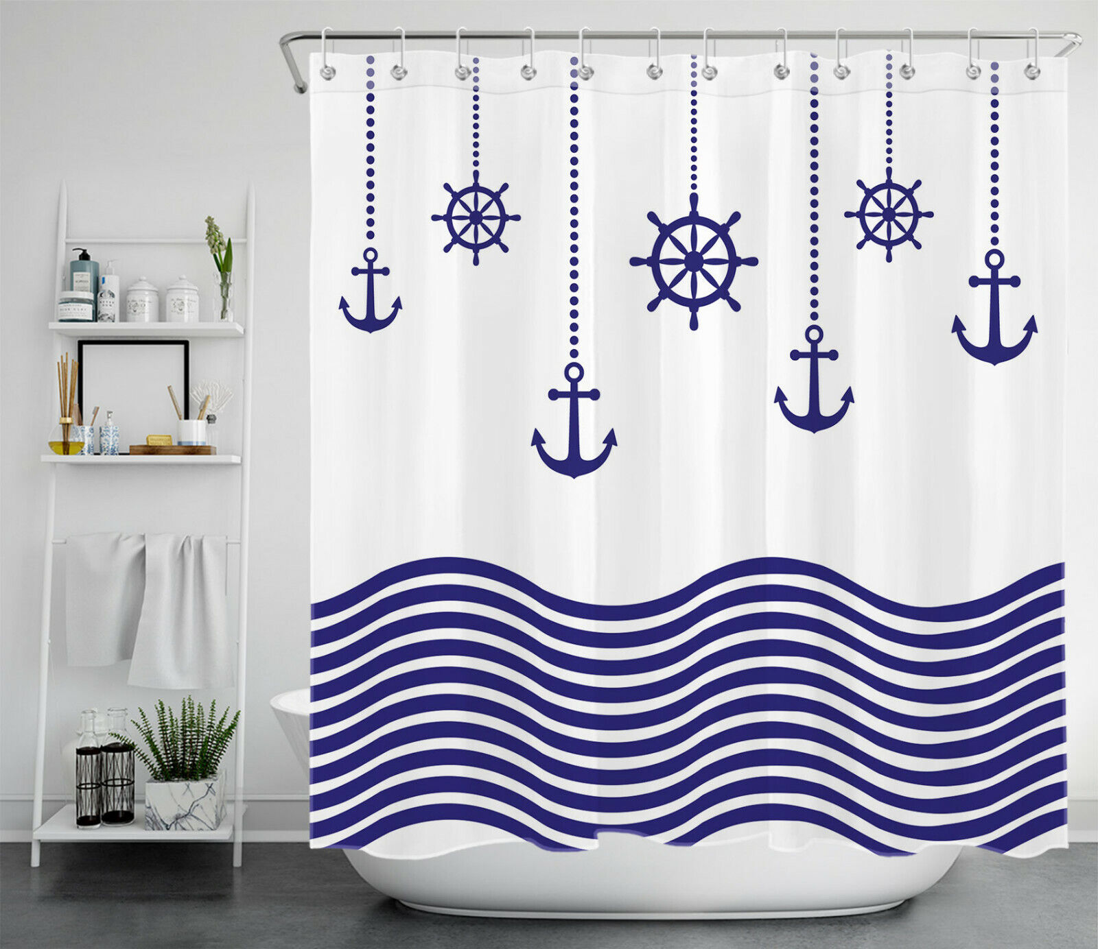 Nautical Navy Blue White Stripe Wave Anchor Ship Rudder Shower Curtain for Bathroom Decor