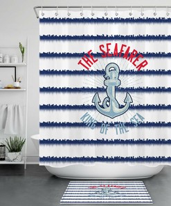 Nautical Navy Blue White Striped Anchor The Seafarer Shower Curtain for Bathroom Decoration