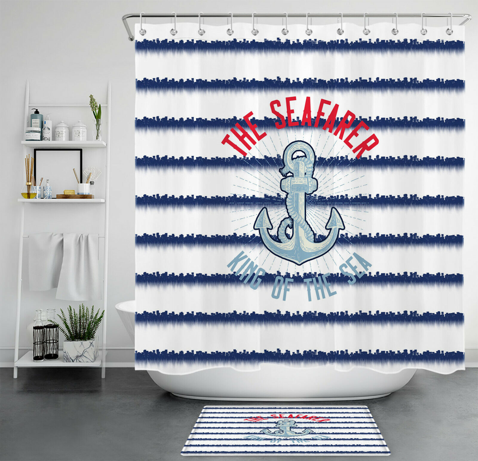 Nautical Navy Blue White Striped Anchor The Seafarer Shower Curtain for Bathroom Decoration