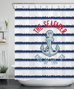 Nautical Navy Blue White Striped Anchor The Seafarer Shower Curtain for Bathroom Decoration