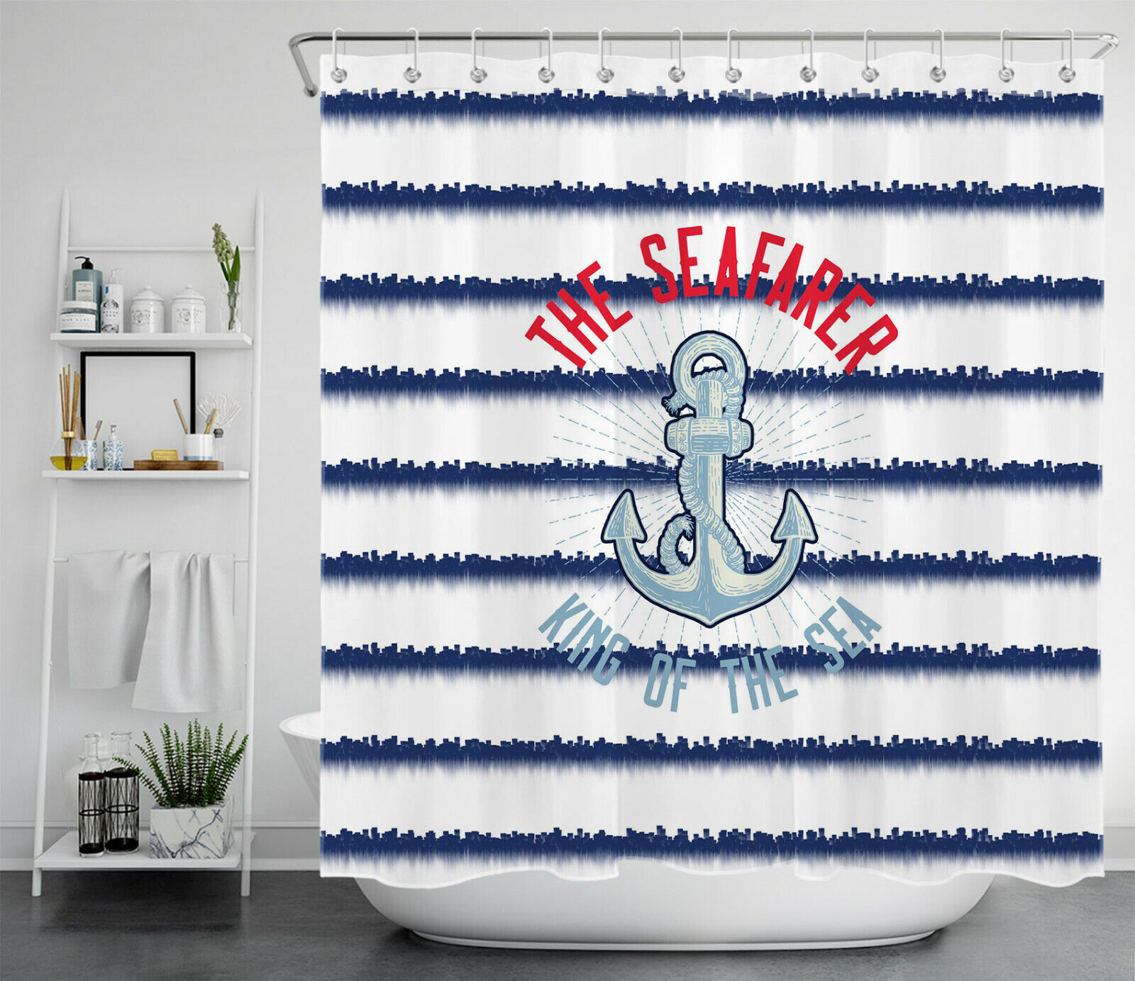 Nautical Navy Blue White Striped Anchor The Seafarer Shower Curtain for Bathroom Decoration