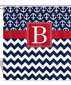 Nautical Navy-White Chevron-Anchors-Brick Red Monogram Shower Curtain 