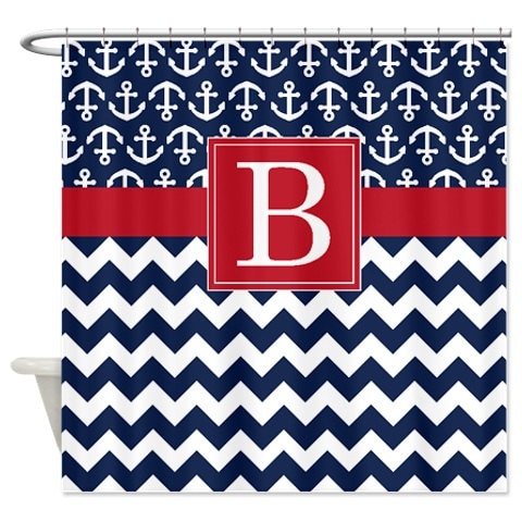 Nautical Navy-White Chevron-Anchors-Brick Red Monogram Shower Curtain