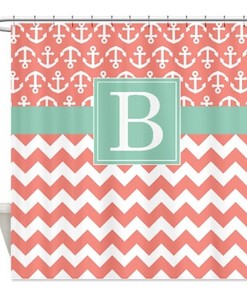 Nautical Navy-White Chevron-Anchors-Brick Red Monogram Shower Curtain