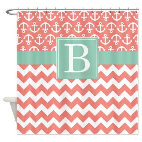 Nautical Navy-White Chevron-Anchors-Brick Red Monogram Shower Curtain