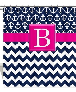 Nautical Navy-White Chevron-Anchors-Brick Red Monogram Shower Curtain