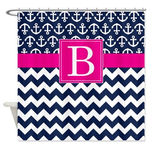 Nautical Navy-White Chevron-Anchors-Brick Red Monogram Shower Curtain