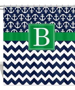 Nautical Navy-White Chevron-Anchors-Brick Red Monogram Shower Curtain