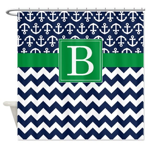 Nautical Navy-White Chevron-Anchors-Brick Red Monogram Shower Curtain