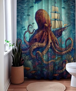 Nautical Nightmare Octopus Sea Creature Shower Curtain, perfect Housewarming Gift with Sailboat Theme
