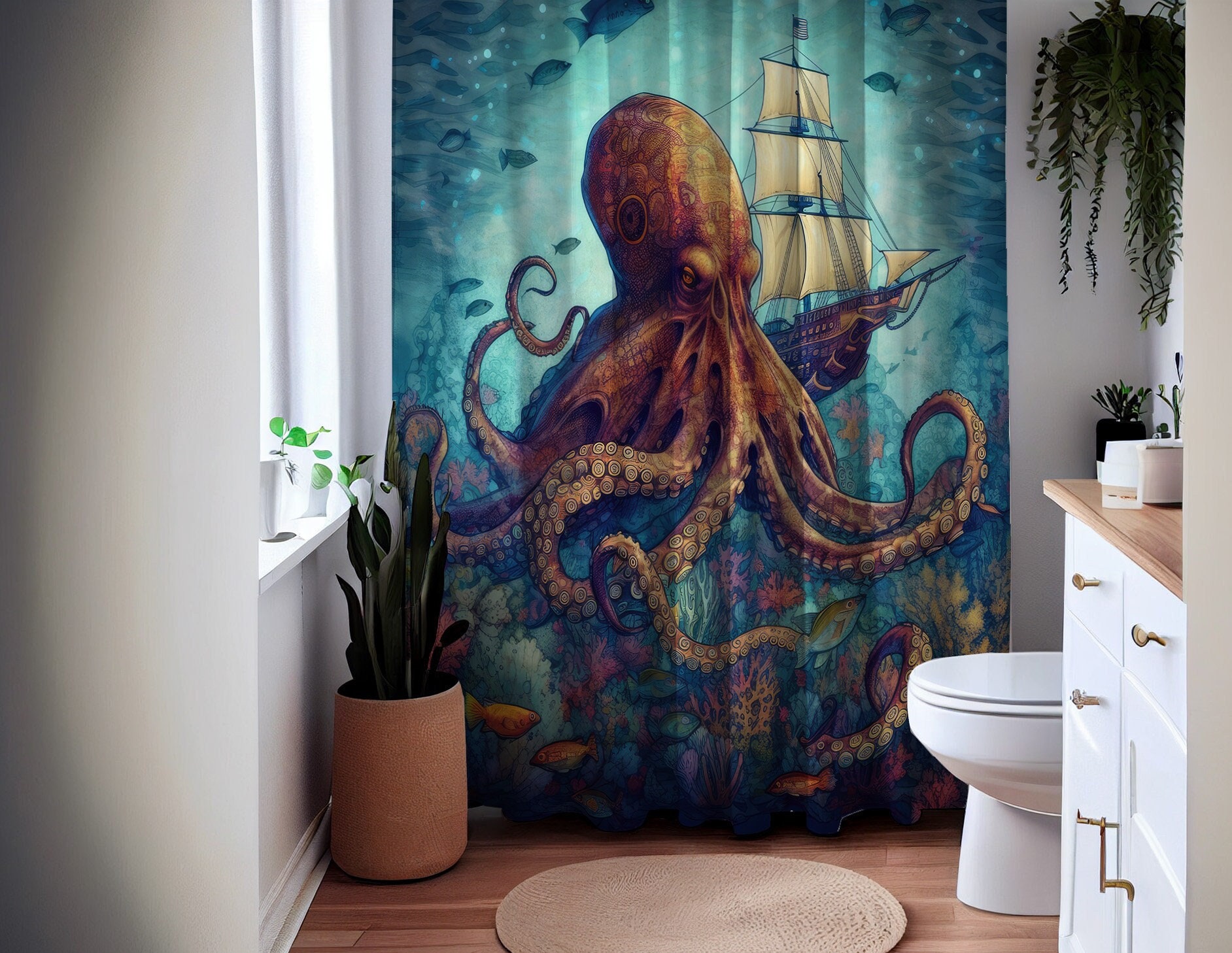 Nautical Nightmare Octopus Sea Creature Shower Curtain, perfect Housewarming Gift with Sailboat Theme