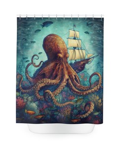 Nautical Nightmare Octopus Sea Creature Shower Curtain, perfect Housewarming Gift with Sailboat Theme
