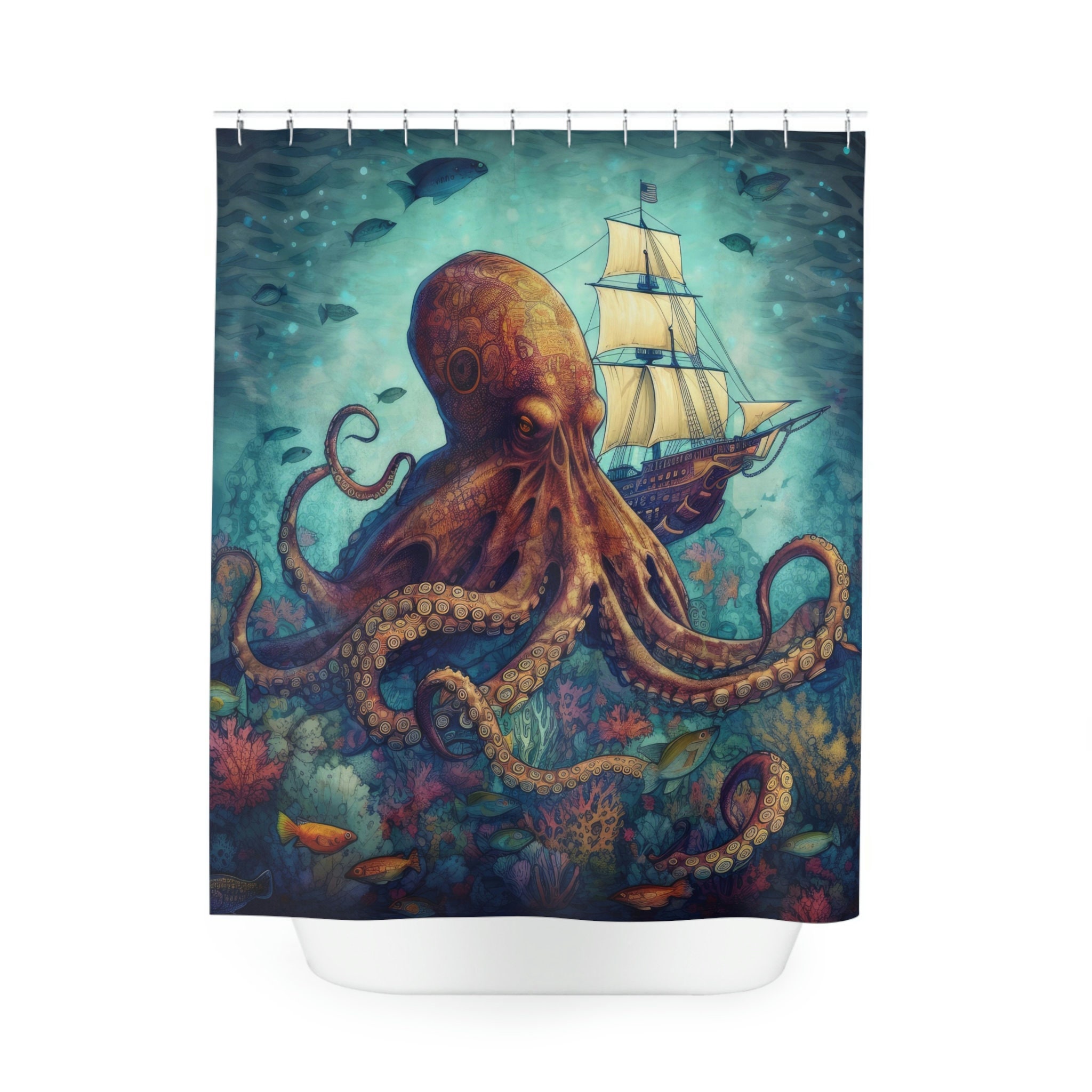 Nautical Nightmare Octopus Sea Creature Shower Curtain, perfect Housewarming Gift with Sailboat Theme
