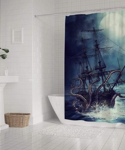 Nautical Octopus Kraken Sailboat Ocean Waves Shower Curtain, Waterproof Fabric