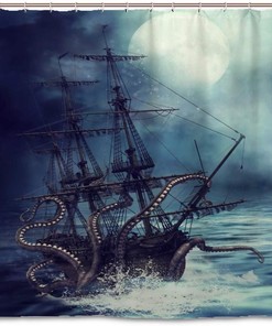 Nautical Octopus Kraken Sailboat Ocean Waves Shower Curtain, Waterproof Fabric