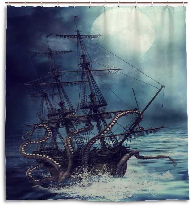 Nautical Octopus Kraken Sailboat Ocean Waves Shower Curtain, Waterproof Fabric