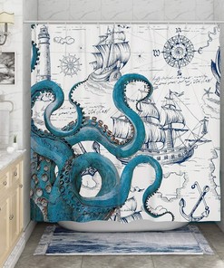 Nautical Octopus Shower Curtain - Funny And Blue - New!