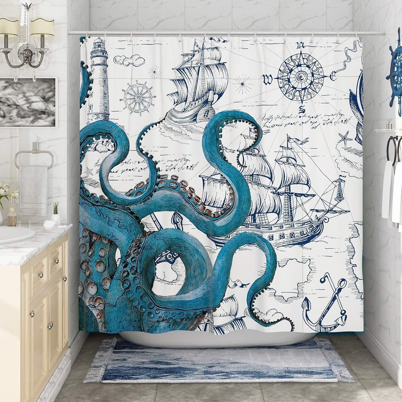 Nautical Octopus Shower Curtain - Funny And Blue - New!