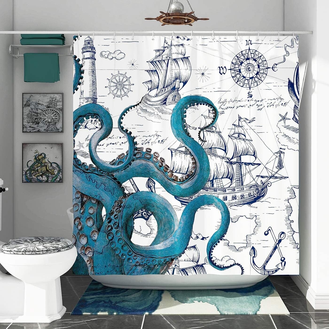 Nautical Octopus Shower Curtain - Funny And Blue - New! - Image 2
